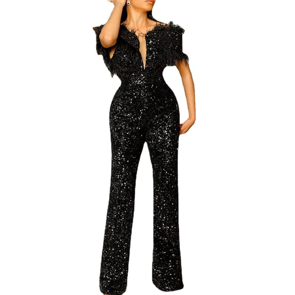 Dame Glamourøs Jumpsuit med palietter og fjerdekoration Stilla