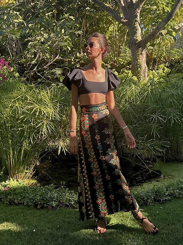 Dame Elegant Bluse med puffærmer og blomsterbroderi Stilla