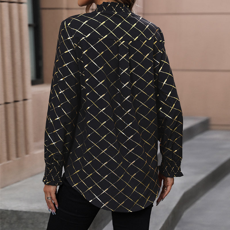 Dame Elegant Bluse med skinnende ternet mønster Stilla