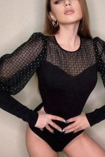 Stilla | Mesh Stitching Rund Hals Langærmede Bodysuits