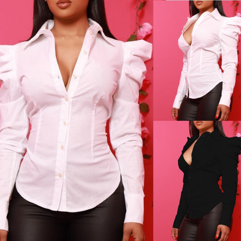 Dame elegant bluse med pufærmer og tætsiddende snit Stilla