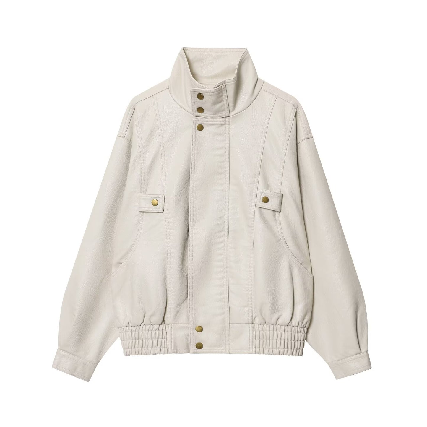 Dame afslappet kunstlæderjakke med høj krave og viddejustering Stilla