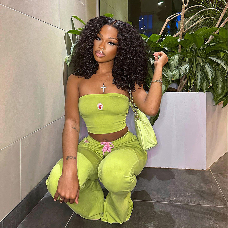 Dame Crop-Top og Flared-High-Waist-Bukser Sæt med elastisk materiale Stilla