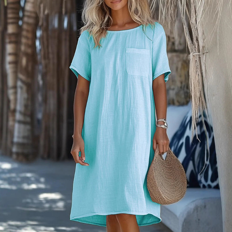 Dame afslappet linnedress med praktisk brystlomme og løs pasform Stilla