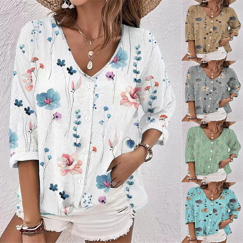 Damebluse med blomstertryk og halve ærmer Stilla