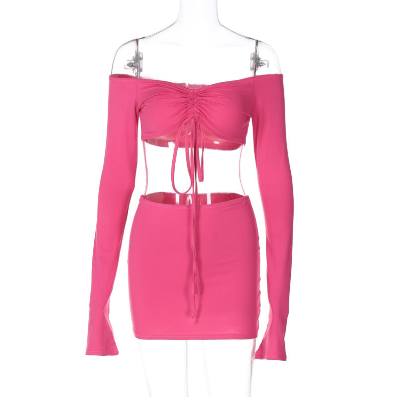 Dame Crop-Top og Nederdel Sæt med elegant Rynkning og lange Ærmer Stilla