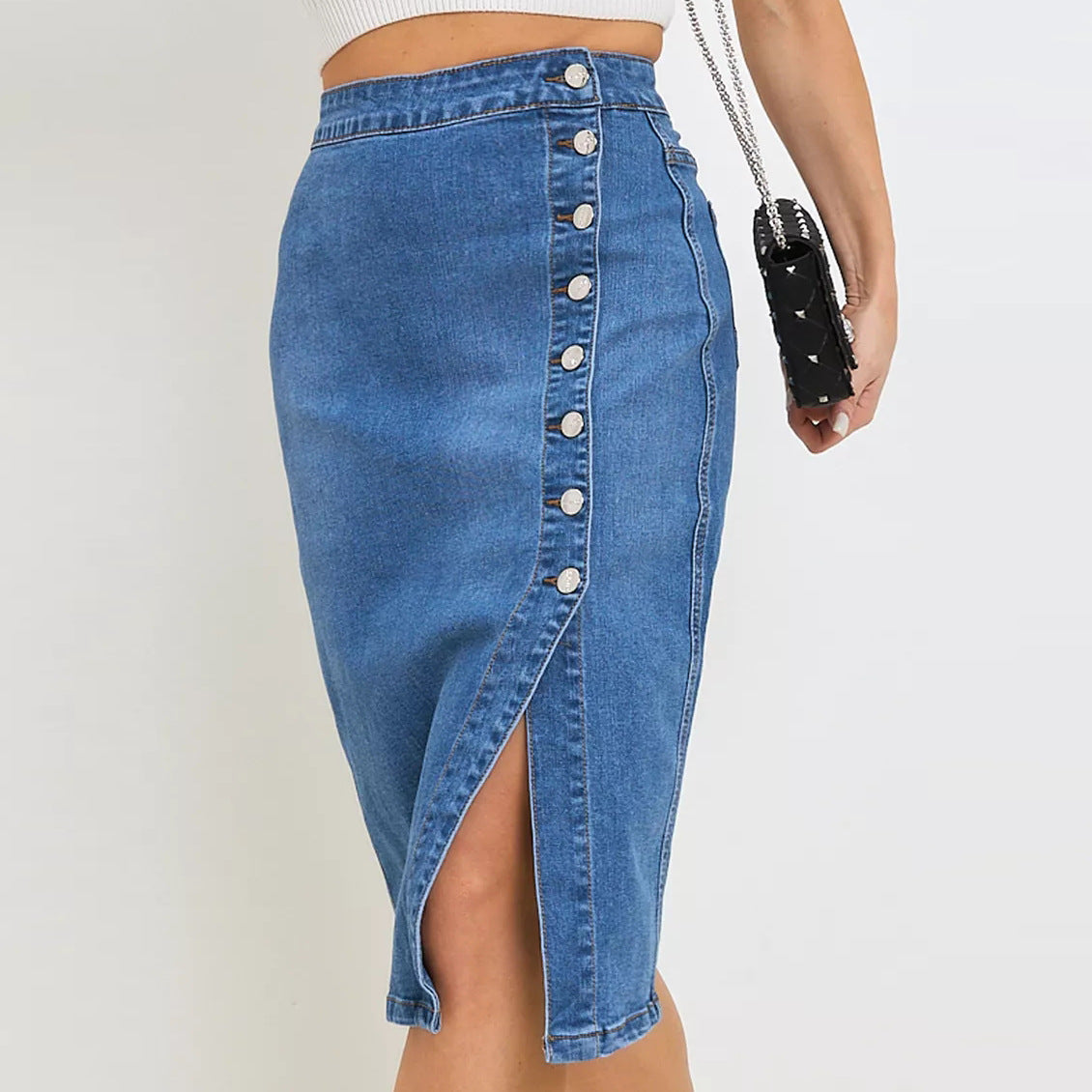 Dame Denim-Midi nederdel med knaplukning og høj talje Stilla
