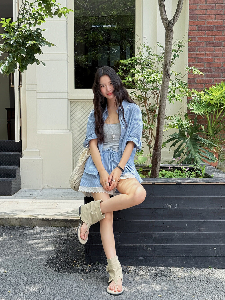 Dame afslappet kortærmet skjorte og shorts sæt med spidse accenter Stilla