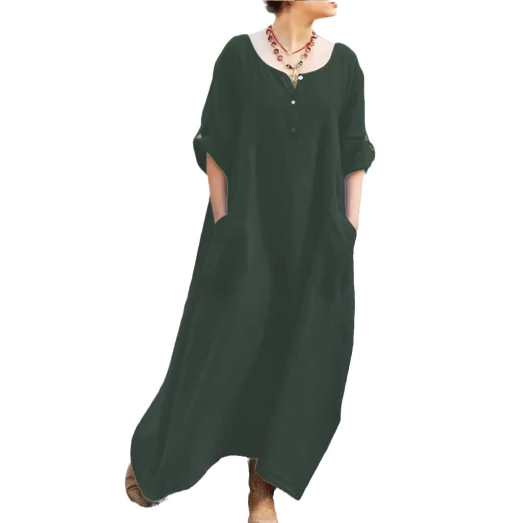 Dame afslappet langærmet kjole med praktiske lommer og knapdetaljer Stilla