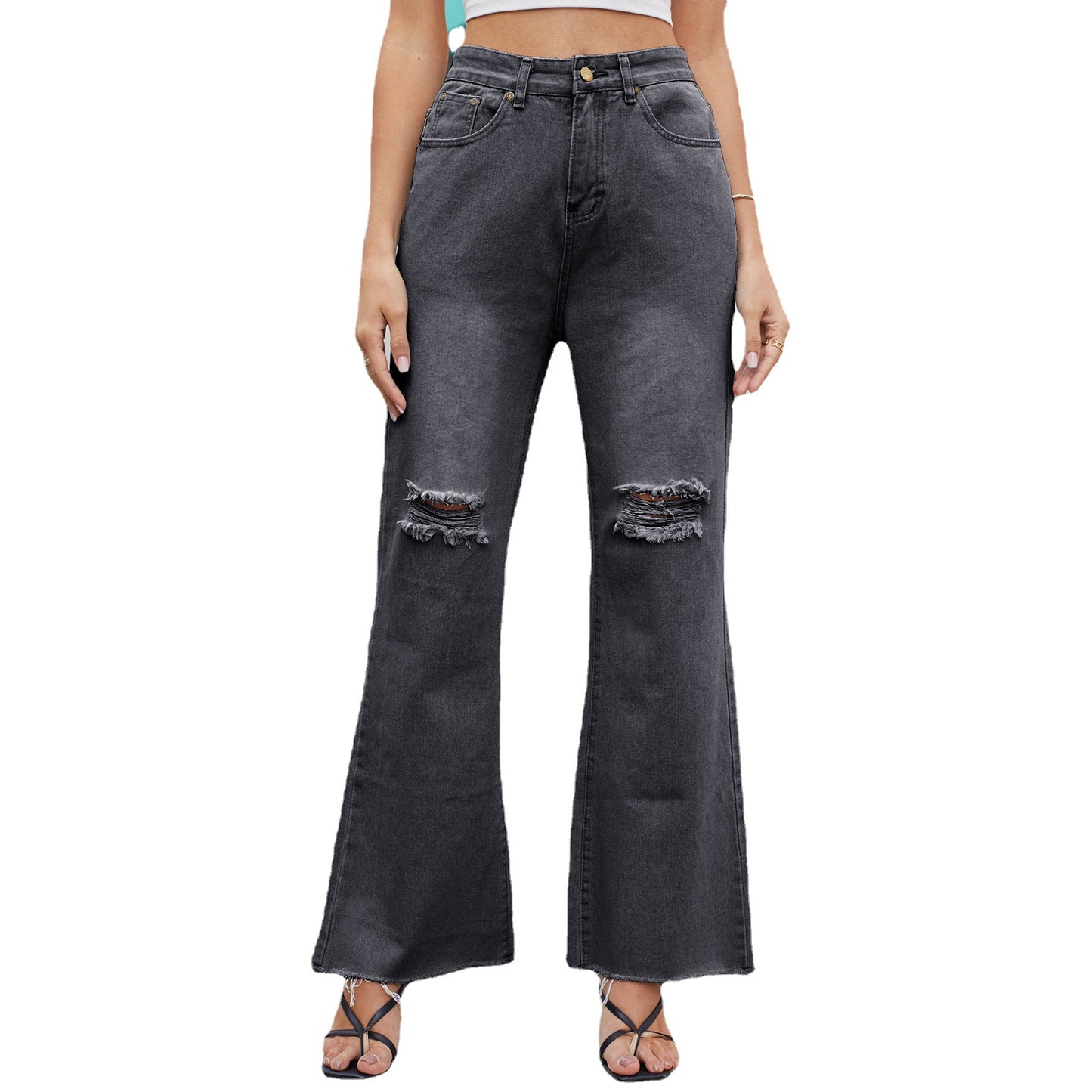 Dame løst skårne jeans med destroyed-detaljer Stilla