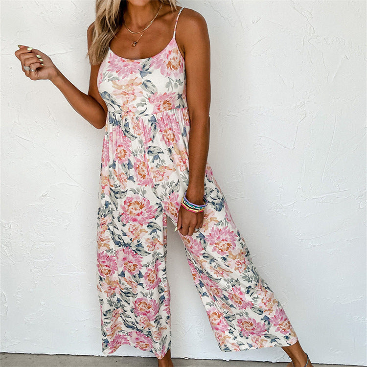 Dame Floral Jumpsuit med brede stropper og elastisk taljebånd Stilla