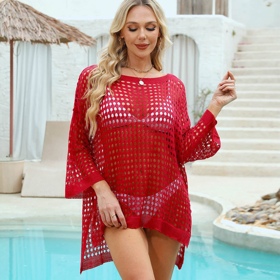 Dame Åben Strik Strand Overtræk Tunika Stilla