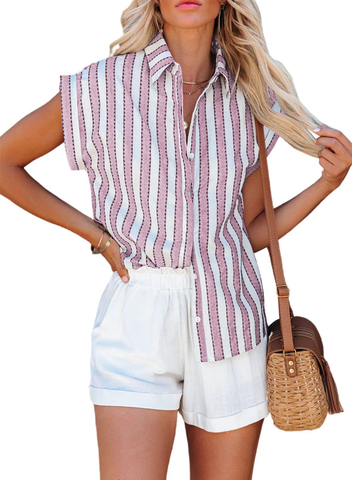 Dame afslappet linned skjorte med stribet design og elegant knapstolpe Stilla