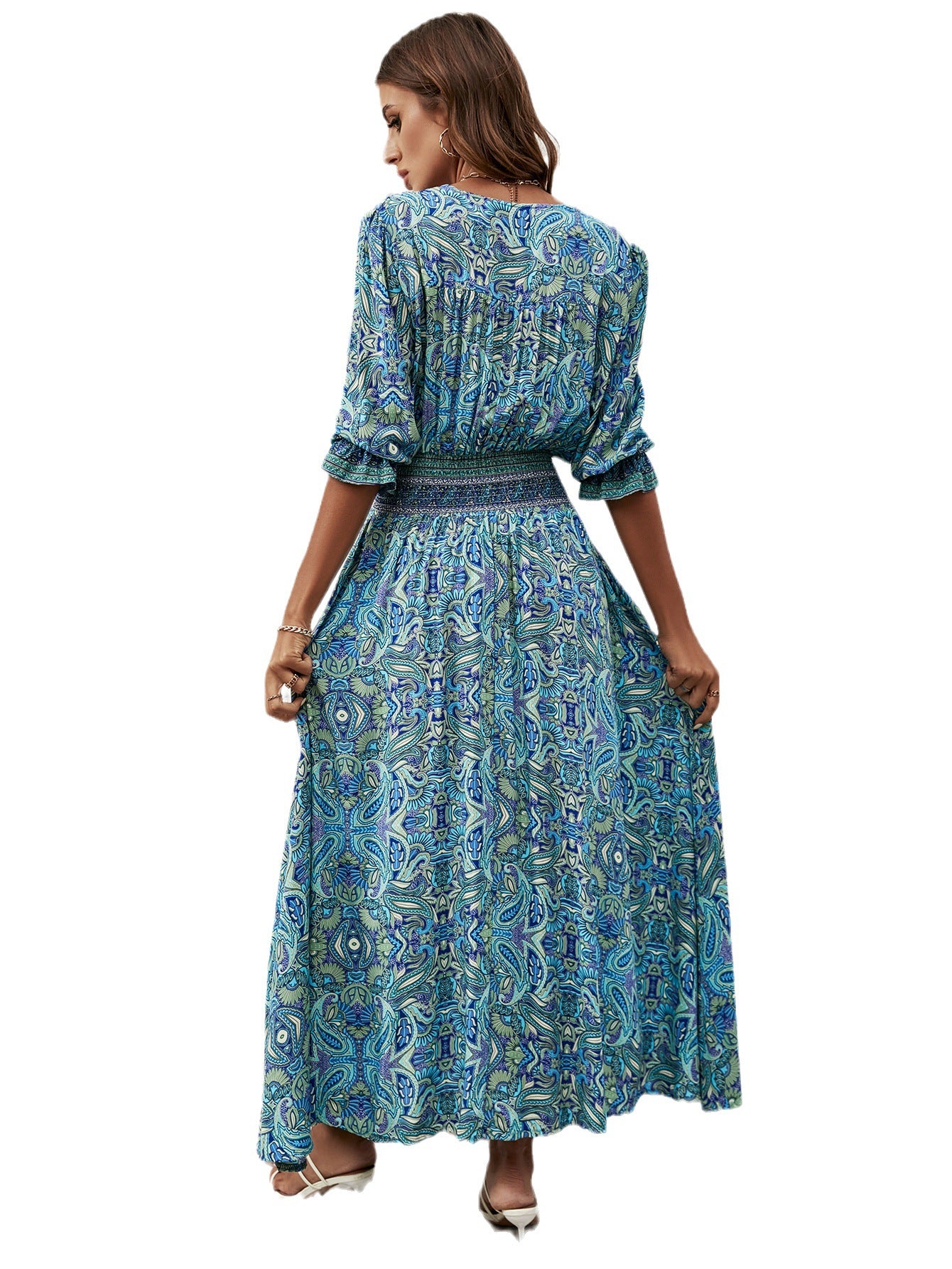 Dame afslappet maxikjole med knapdetaljer og taljebind Stilla