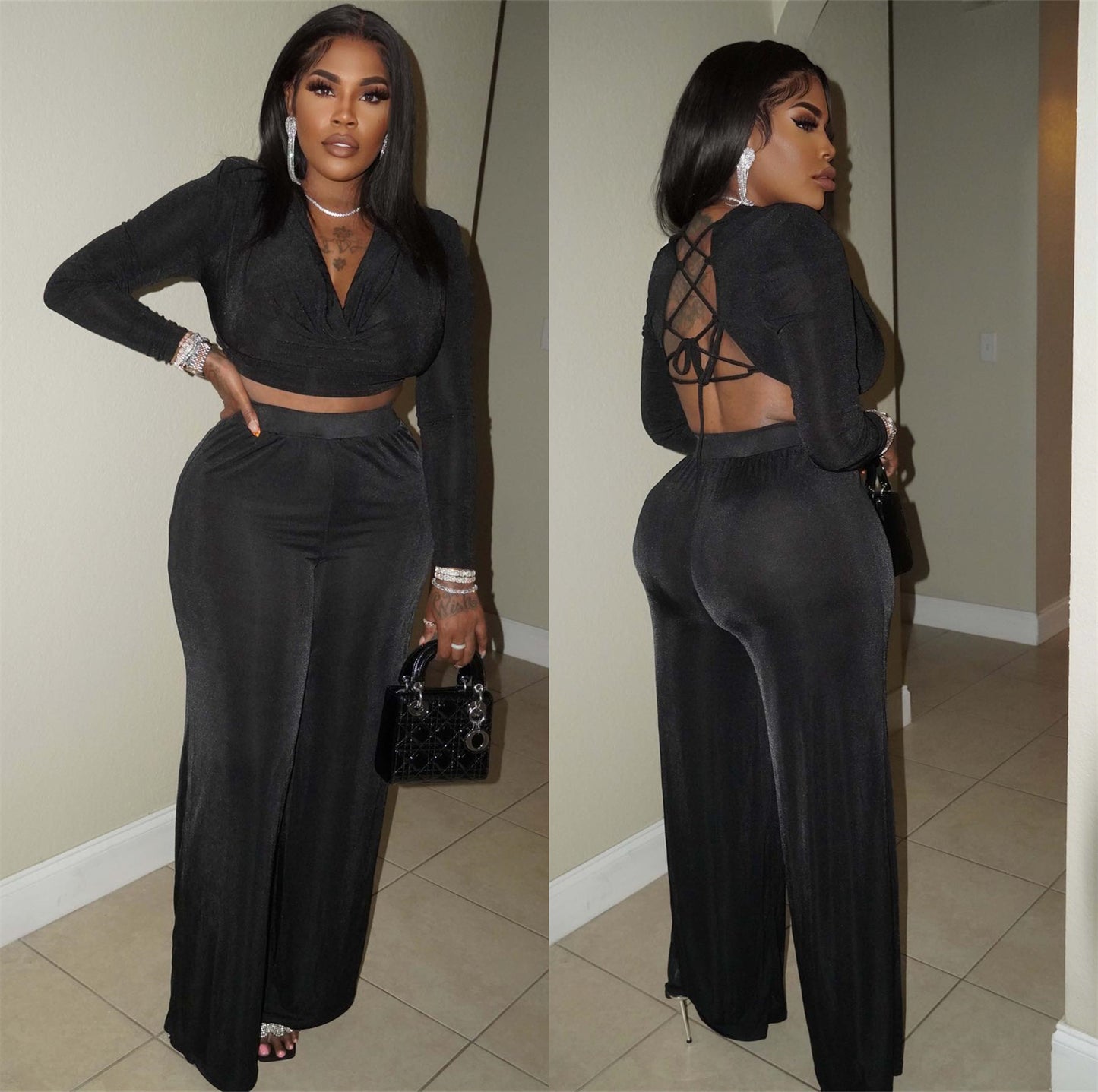 Dame Elegant Crop-Top og bredt skåret Bukser Sæt Stilla