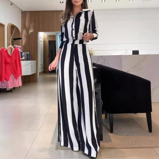 Dame Elegant Jumpsuit med brede striber og skjorte krave Stilla