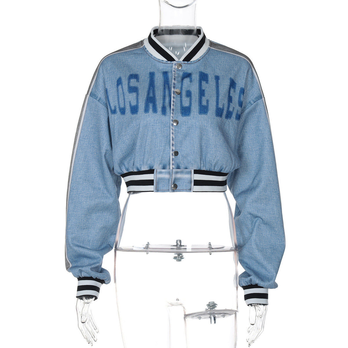 Dame Cropped Denim-Jakke med iøjnefaldende skrift og elastiske manchetter Stilla