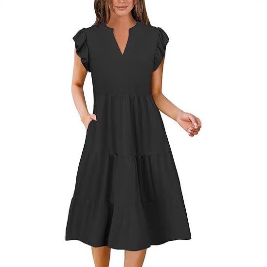 Dame afslappet flæsekjole med lomme og V-udskæring Stilla