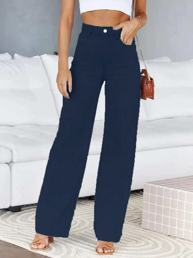 Dame afslappede højtaljede jeans med vidde ben og dekorativ knapåbning Stilla