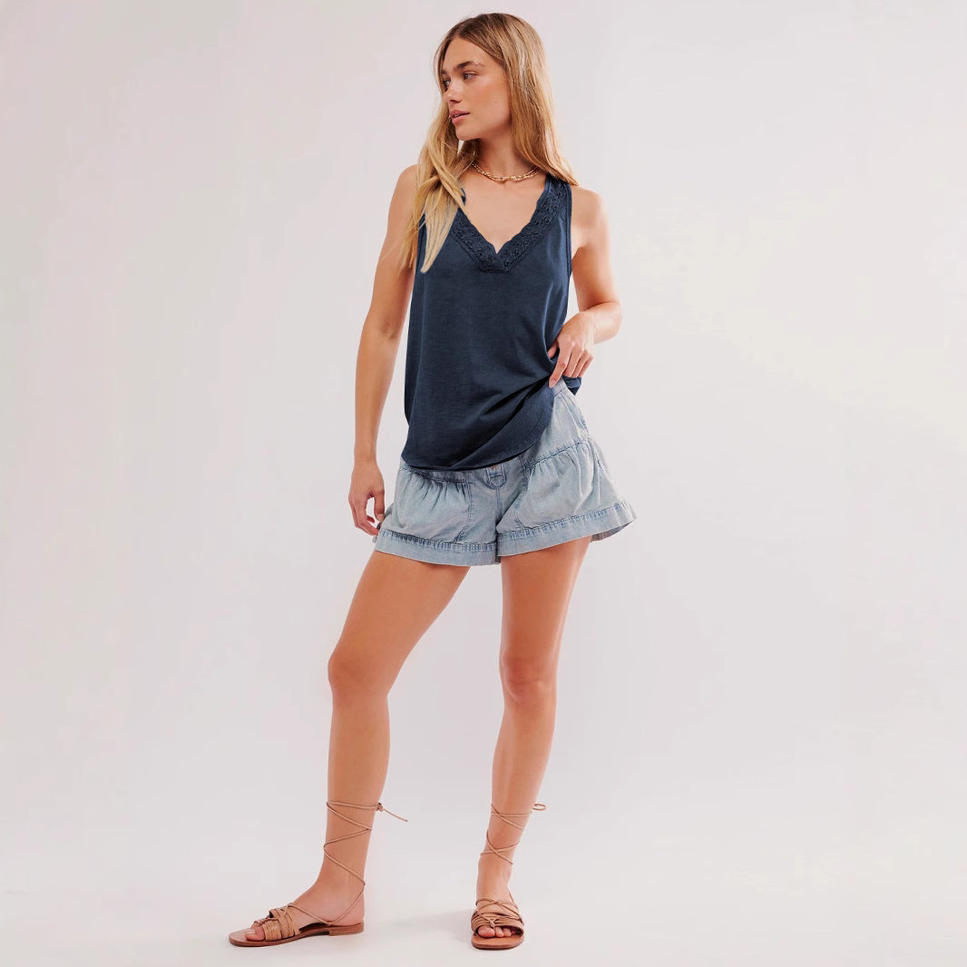 Dame afslappet spaghetti-top med romantiske spidsdetaljer og dyb V-udskæring Stilla