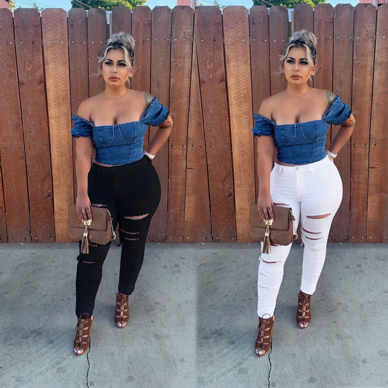 Dame cropped jeansbluse og skrå bukser Stilla