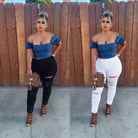 Dame cropped jeansbluse og skrå bukser Stilla