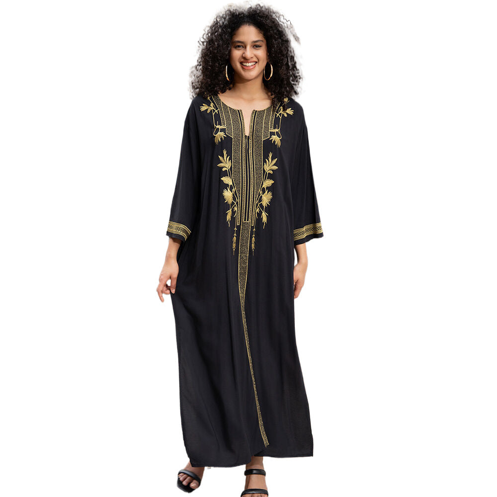 Dame elegant kaftan med kunstnerisk gylden broderi Stilla