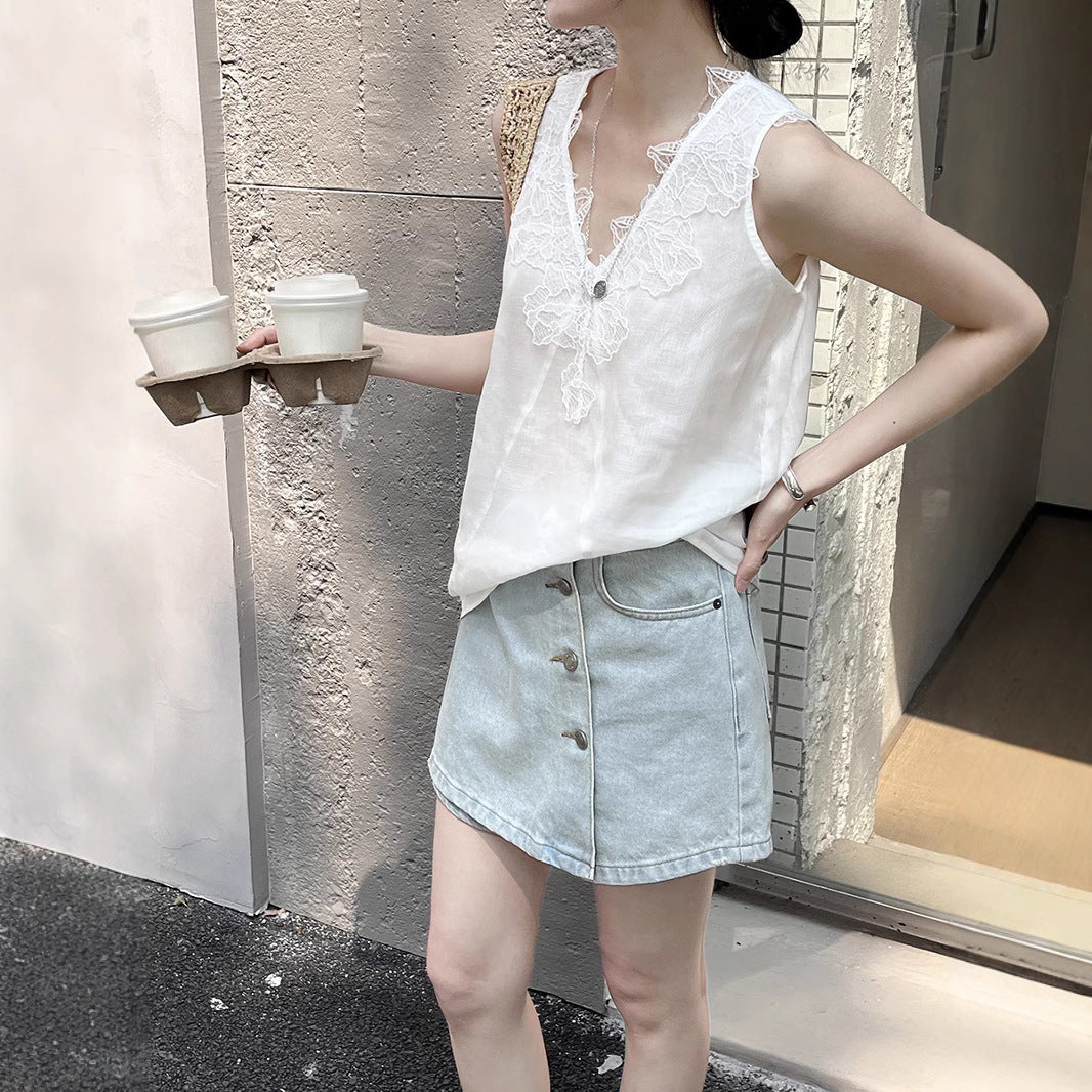 Dame Denim-shorts med knaplukning og let vintage-look Stilla