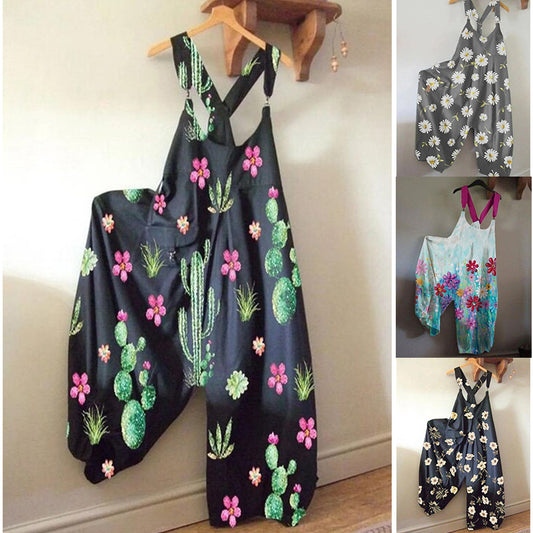 Dame Casual Jumpsuit med farverigt mønster og bredt skårne ben Stilla