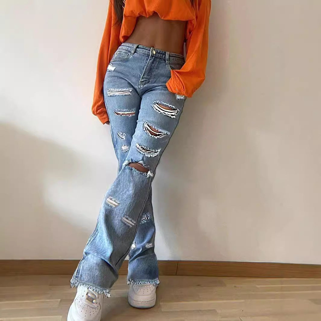 Dame afslappede High-Waist jeans i moderigtig Destroyed-look med frynser Stilla