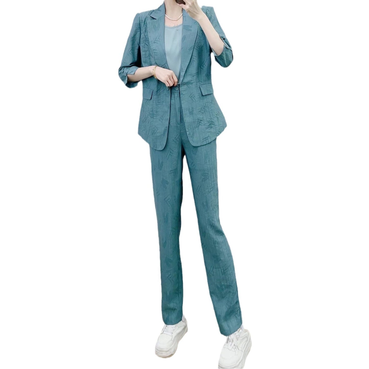 Dame Elegant Blazer-Bukser-Sæt med struktureret stof og moderigtig snit Stilla