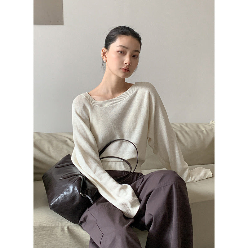 Dame cropped striktrøje med bred rund halsudskæring og balloning ærmer Stilla