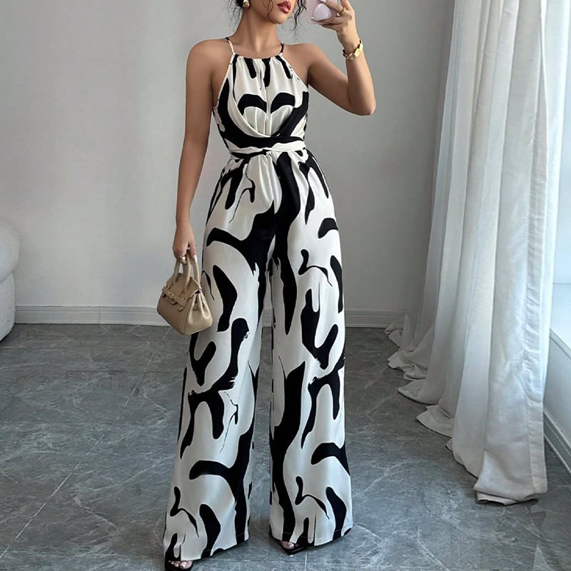Damer elegant jumpsuit med bredt ben og smart mønster Stilla