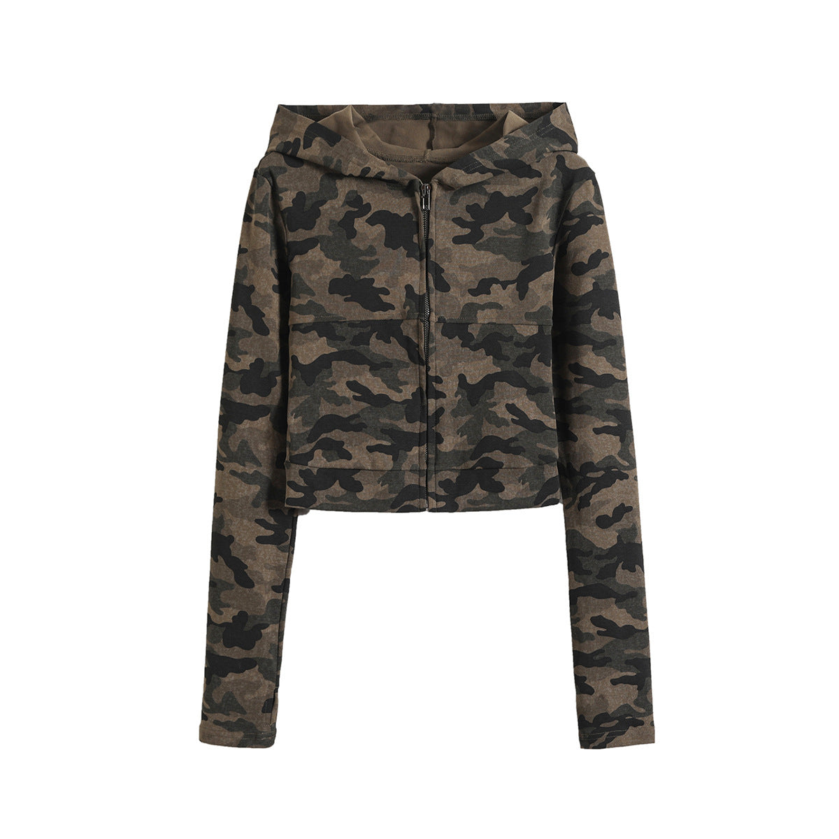 Dame cropped hoodie med trendy camouflage-design og praktisk lynlås Stilla