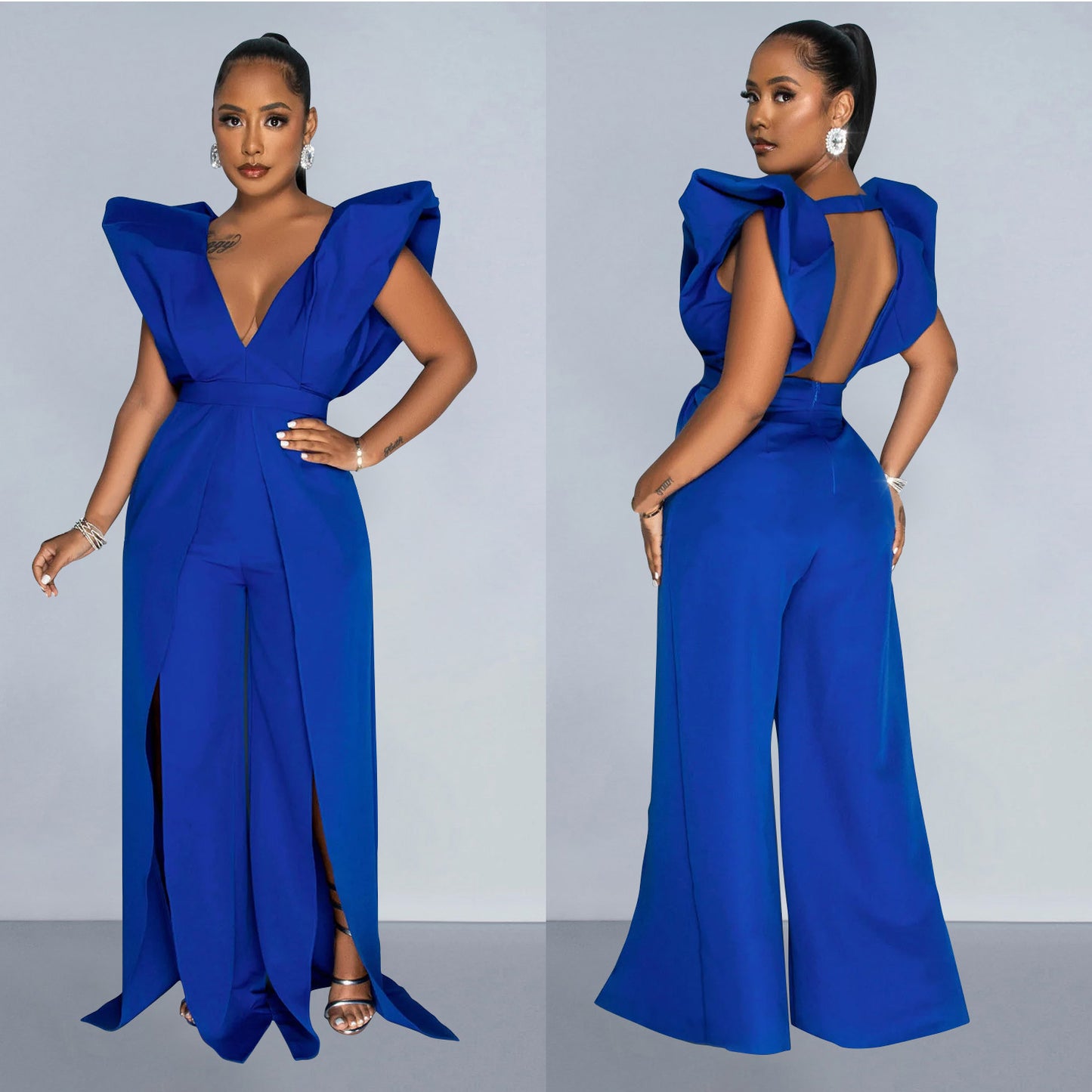 Dame Elegant Jumpsuit med Flæseærmer og dyb Udsnit Stilla