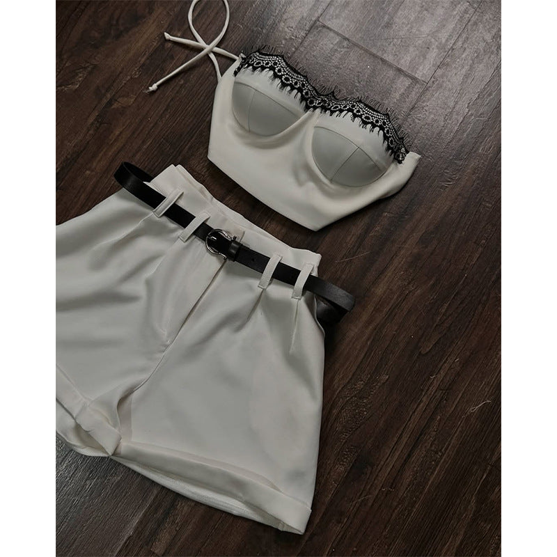 Dame Crop-Top og Shorts Sæt med elegant Bælte Stilla