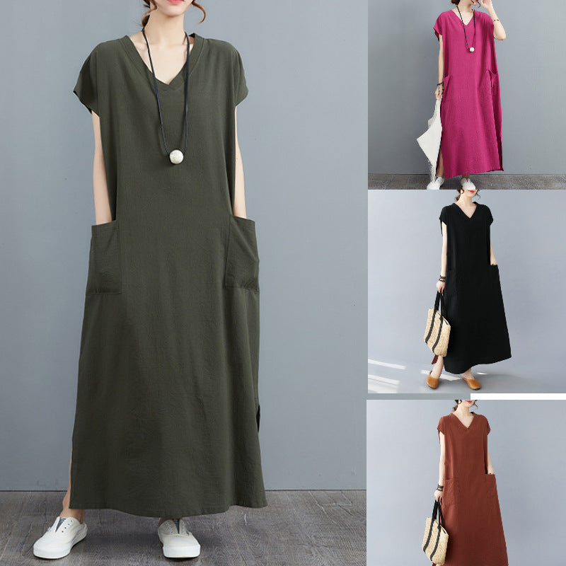 Dame afslappet maxikjole med V-udskæring og praktiske lommer Stilla