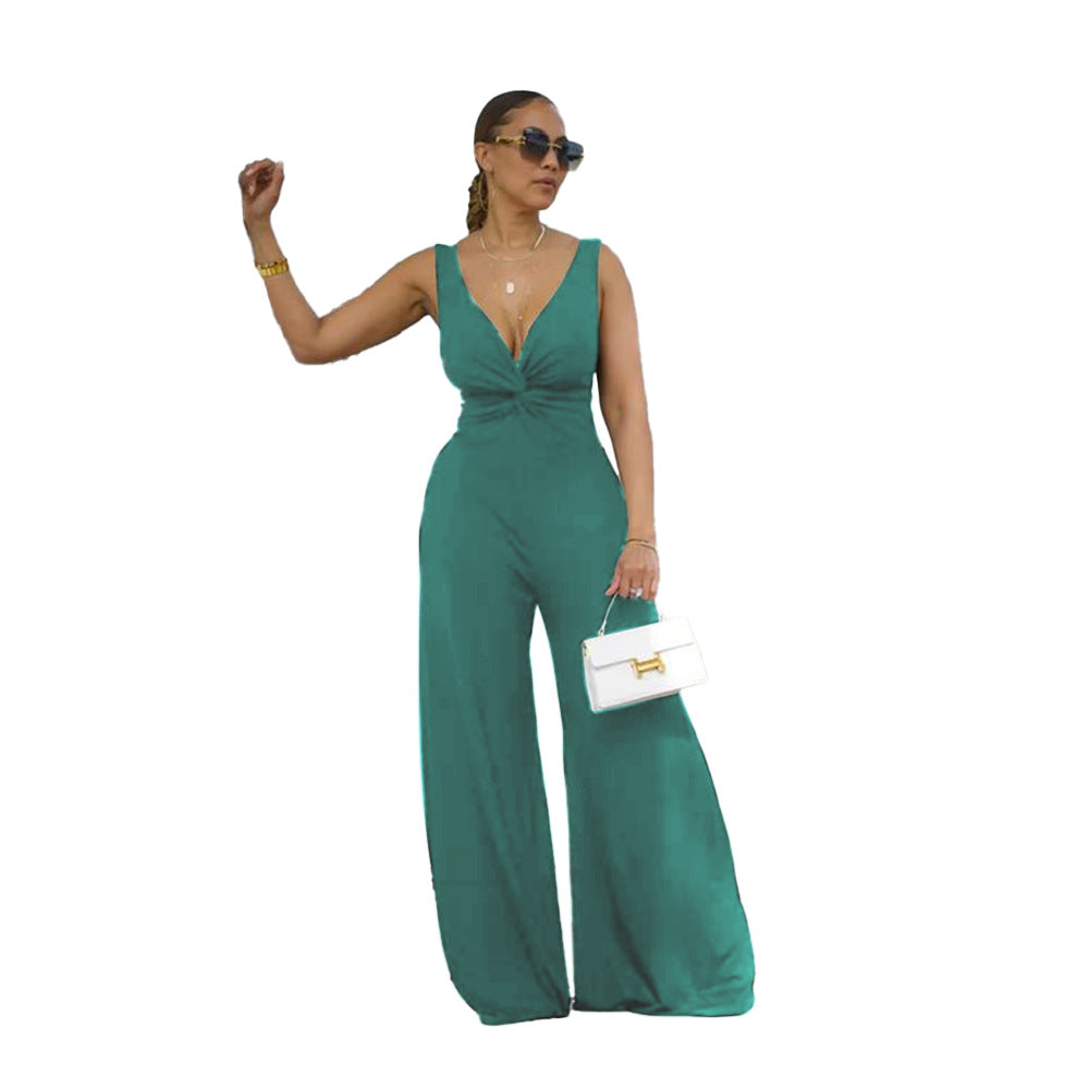 Dame elegant V-hals jumpsuit med bred ben og figursyet design Stilla