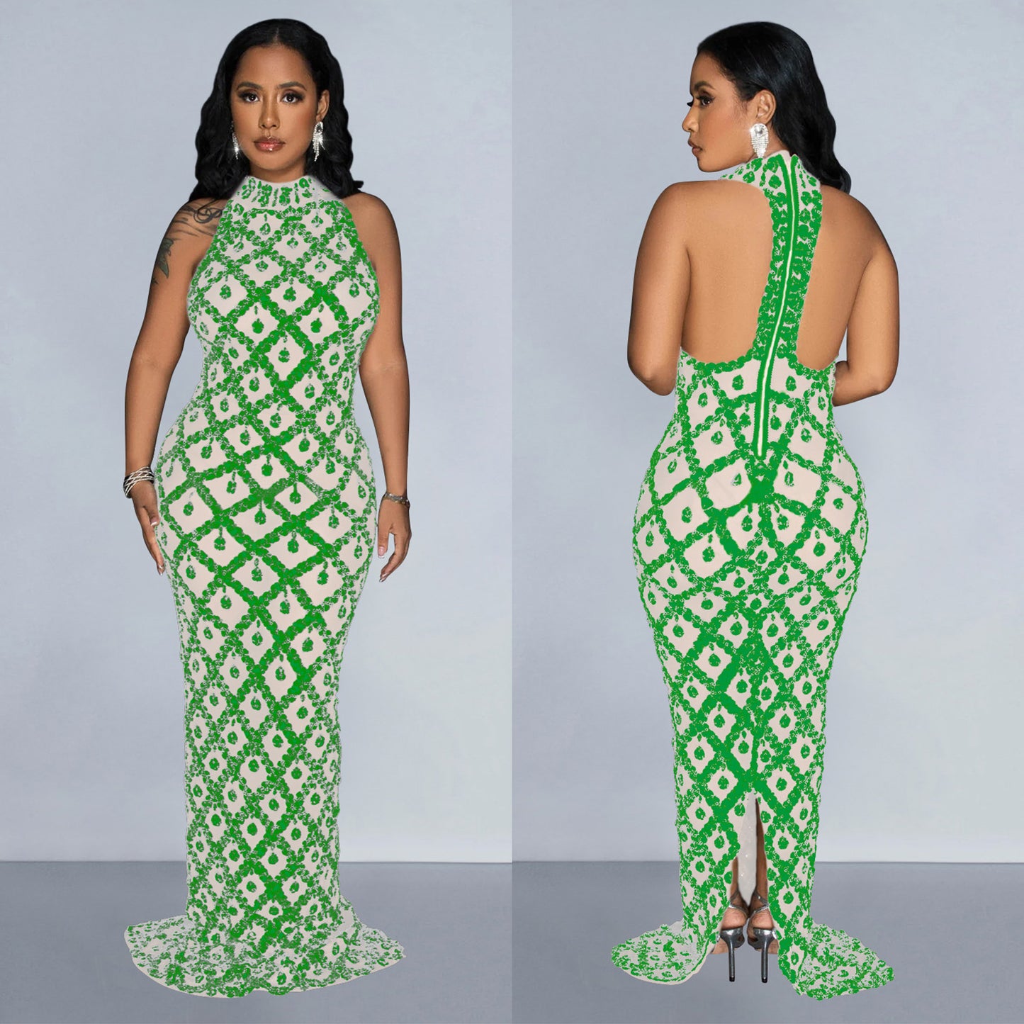 Dame Eksklusiv Maxi-Kjole med høj Krave og luksuriøst Rhinestones-Mønster Stilla