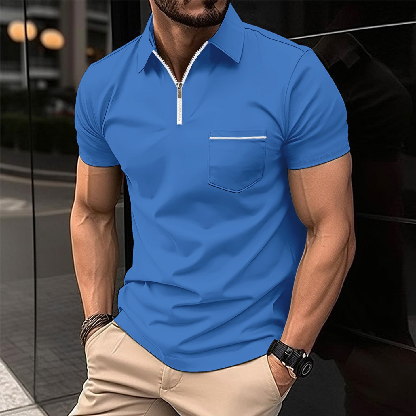 Herrer polo shirt med moderne kort lynlås og brystlomme Stilla