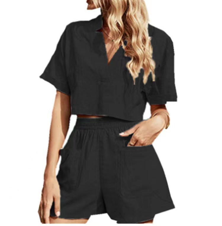 Dame afslappet kortærmet sæt med elastisk talje og praktiske lommer Stilla