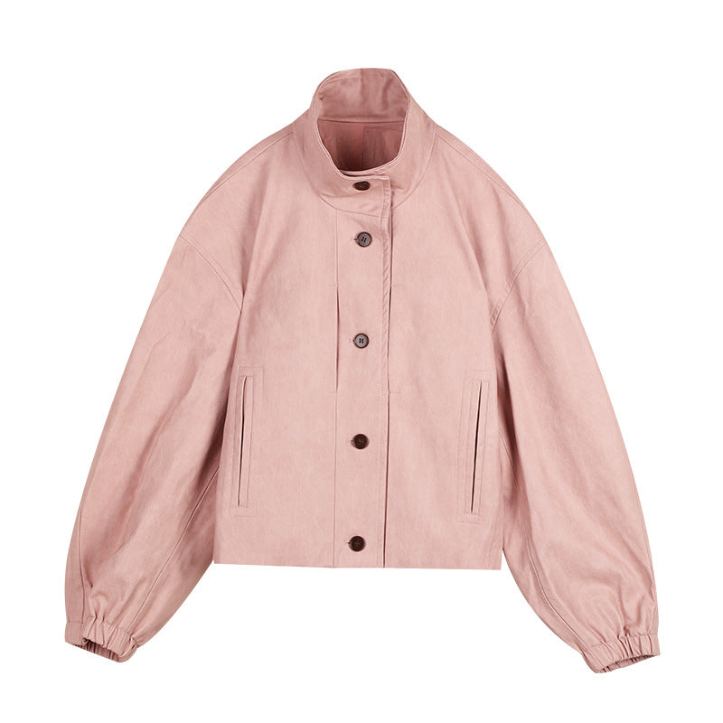 Dame afslappet kunstlæderjakke med høj krave og praktiske lommer Stilla