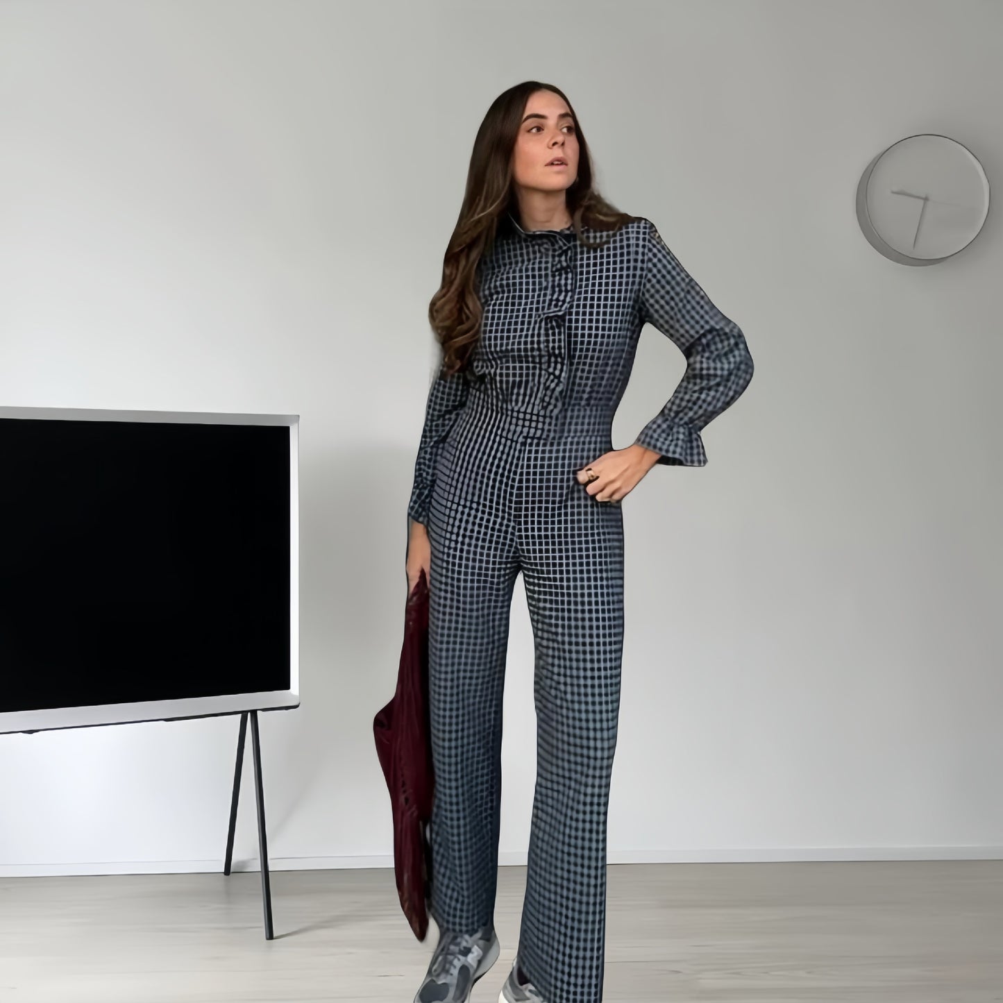 Damer Glamourøst Rutig Mønster Jumpsuit med Høj Krave og Knapfront Stilla