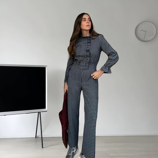 Damer Glamourøst Rutig Mønster Jumpsuit med Høj Krave og Knapfront Stilla