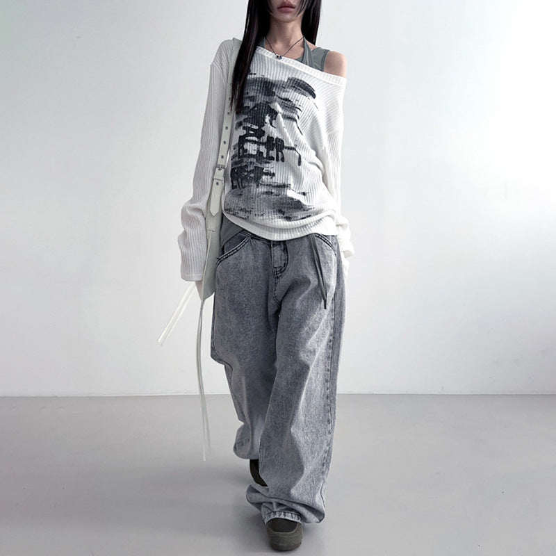 Dame afslappet OverStørrelse-T-shirt med asymmetrisk snit og unikt grafikdesign Stilla