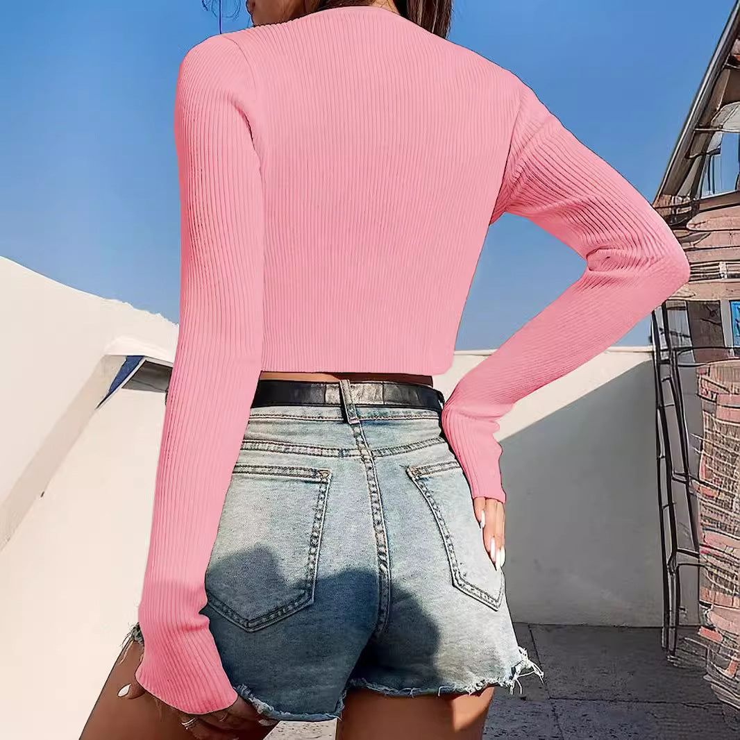 Dame cropped strikjakke med åben snit og bindebånd Stilla