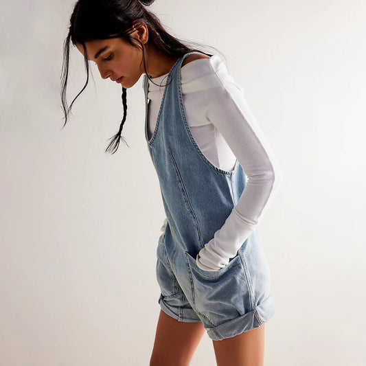 Stilla | Vaskede Denim Justerbare Strop Shorts Jumpsuit