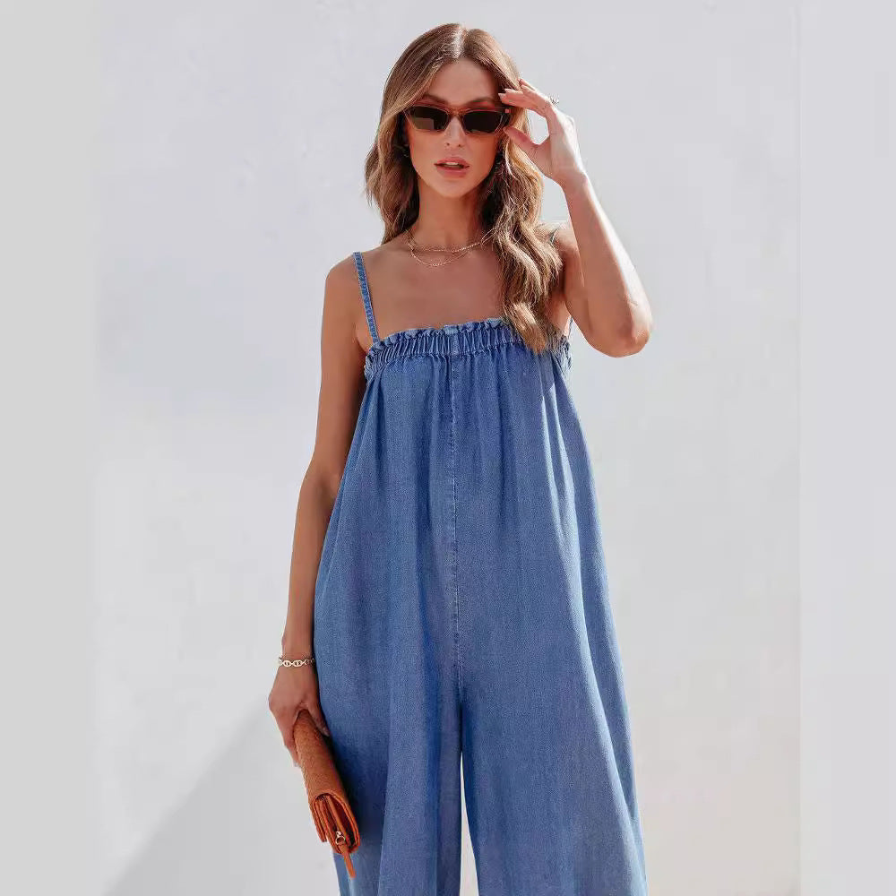Dame Relaxed Fit Denim Jumpsuit med justerbare stropper Stilla