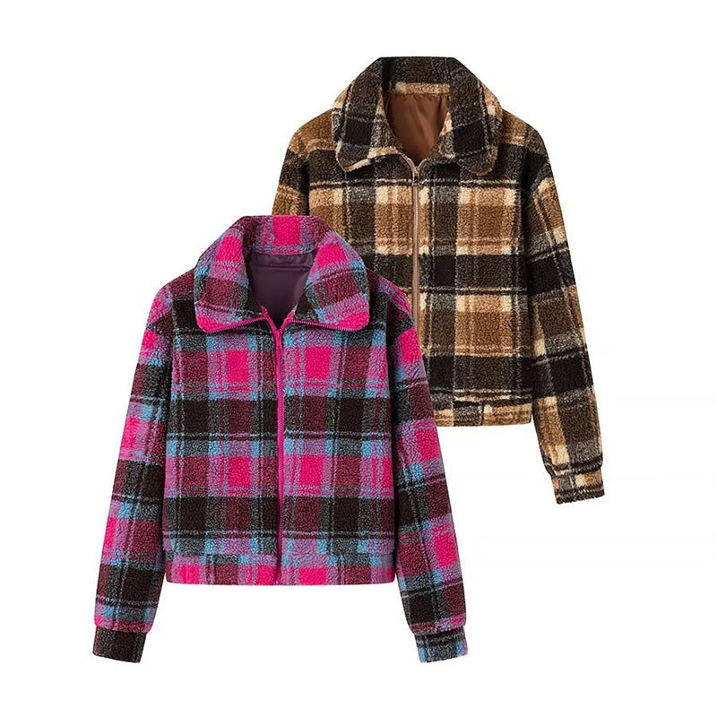 Femme Cozy Fleece Plaid Cropped-Jakke Stilla