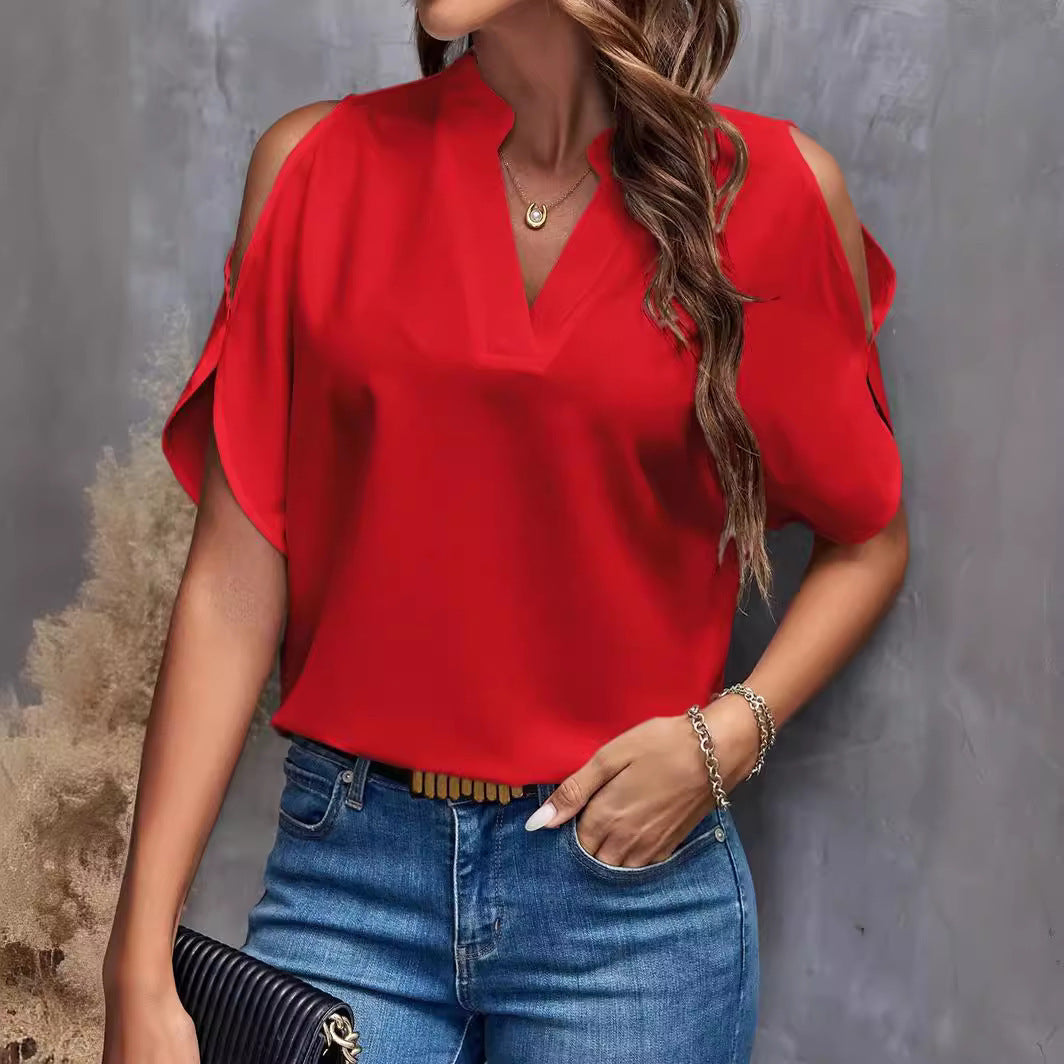 Dame elegant bluse med påsyede ærmer og dyb V-hals Stilla